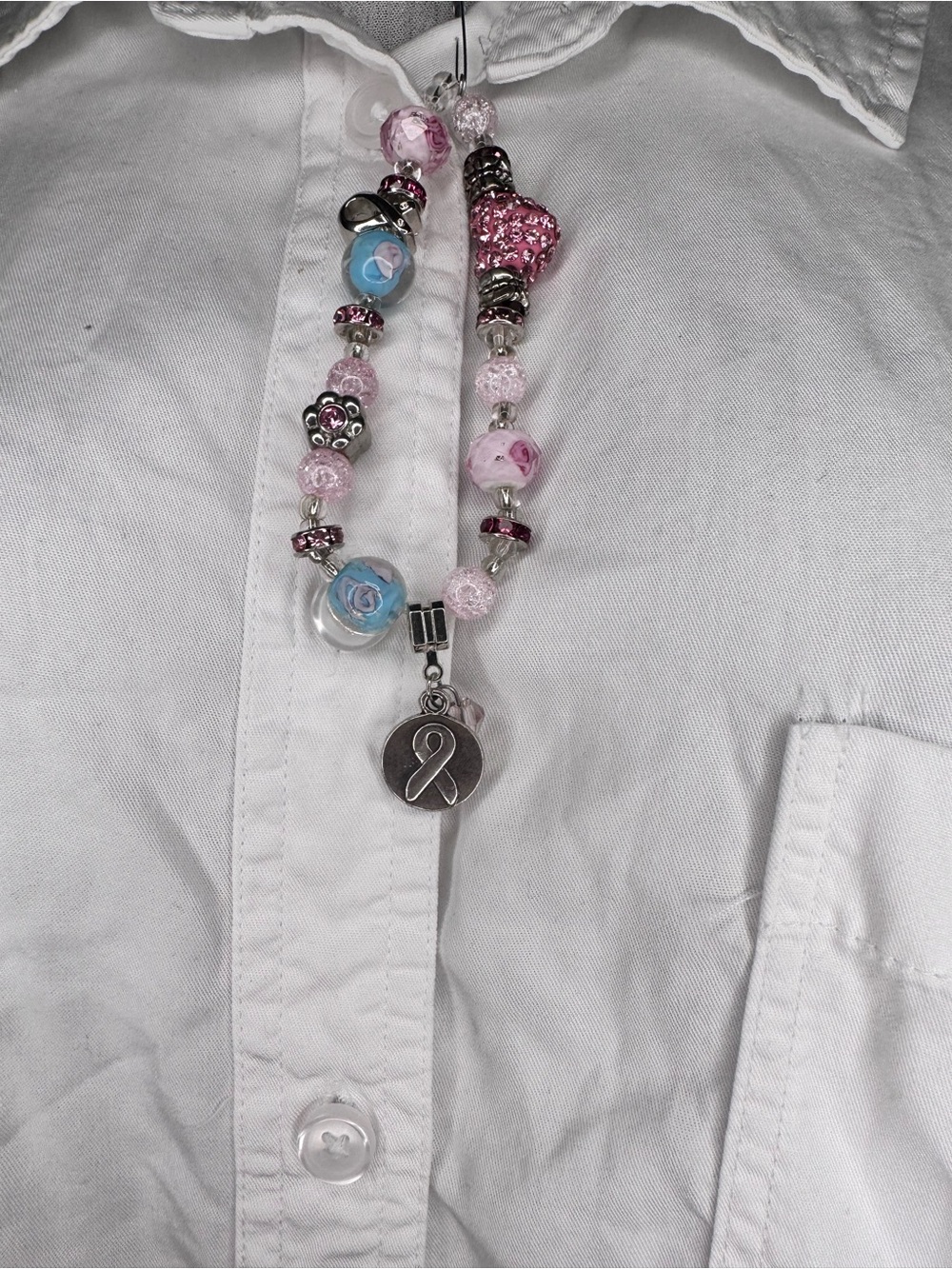 Handcraft Pink and Blue Beaded Charm Necklace with Ribbon Pendant